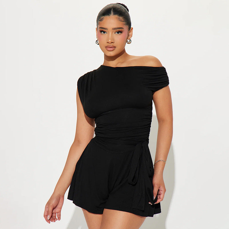 Women Clothing Spring Summer Crossbody off the Shoulder Pleated Bow Waist Tie Romper
