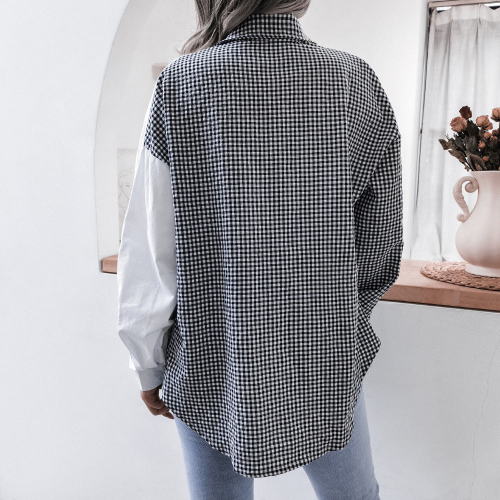 Spring Summer Casual Plaid Stitching Loose Cotton Shirt Women Clothing
