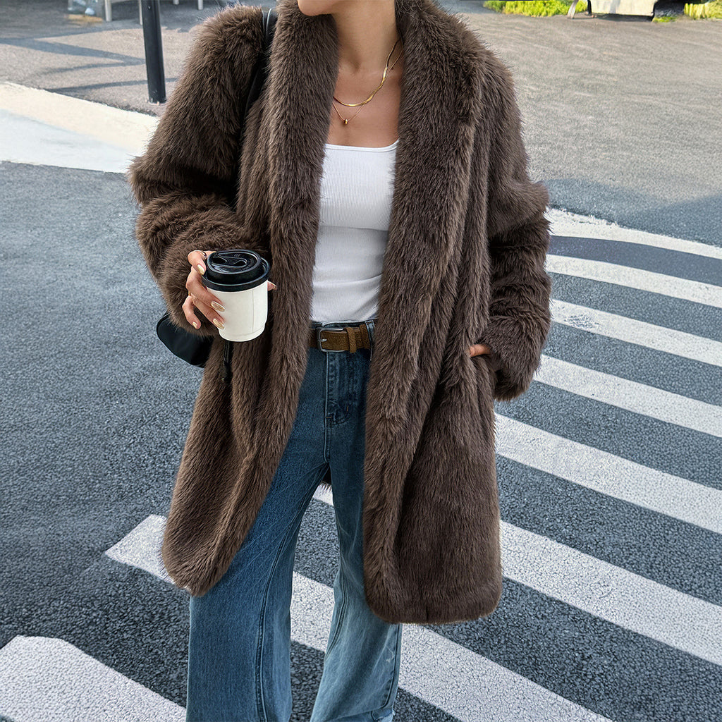 Women Clothing Autumn Winter Elegant Plush Long Sleeved Overcoat Coat