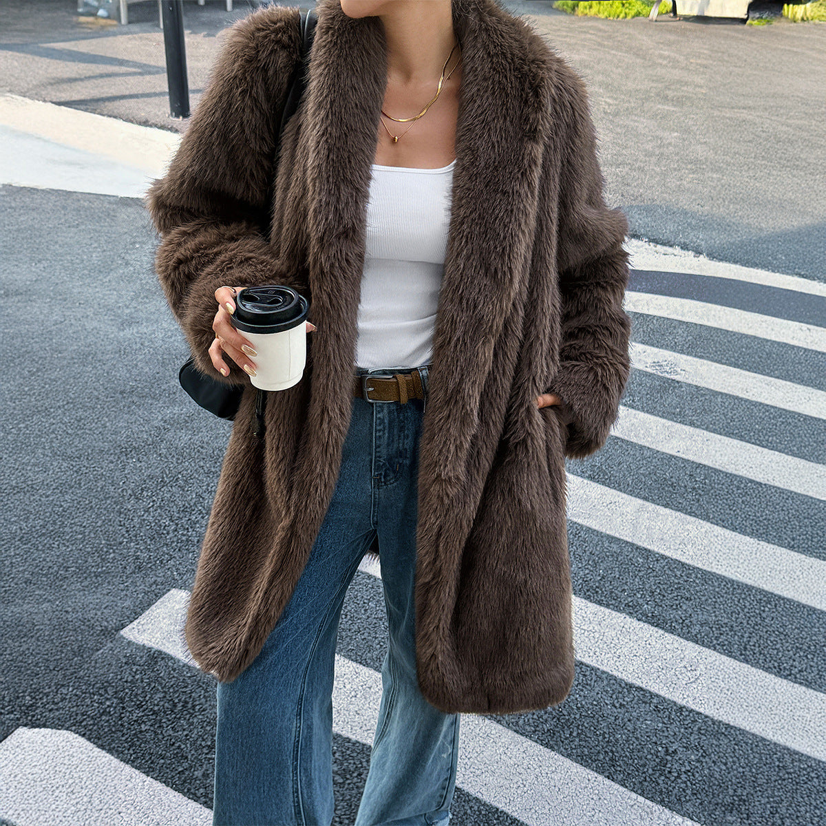 Women Clothing Autumn Winter Elegant Plush Long Sleeved Overcoat Coat