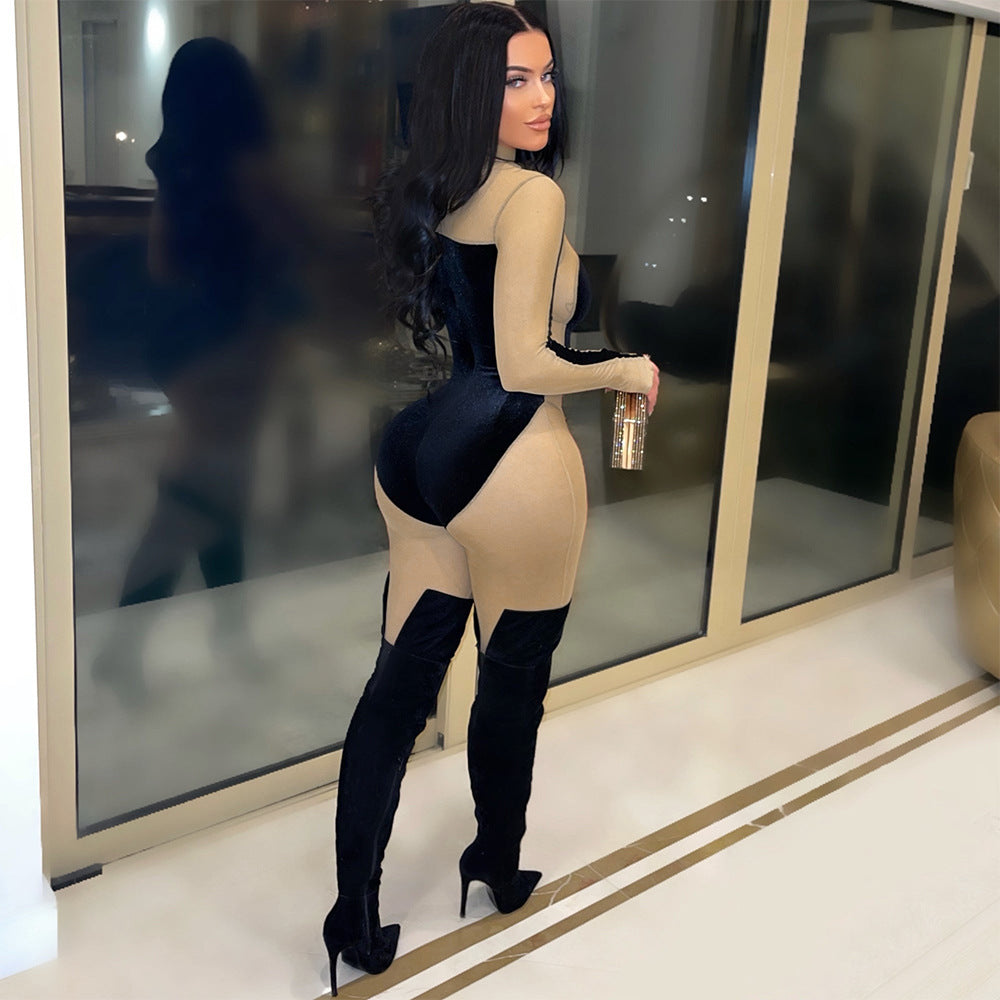 Sexy See-through Velvet Tight Slimming Sheath Jumpsuit