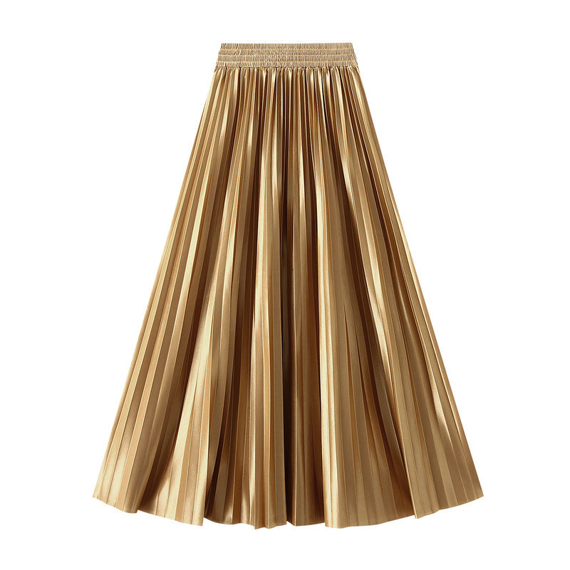 Slimming Spring Glossy Glossy High Waist Pleated A line Slimming Long Skirt Women Skirt