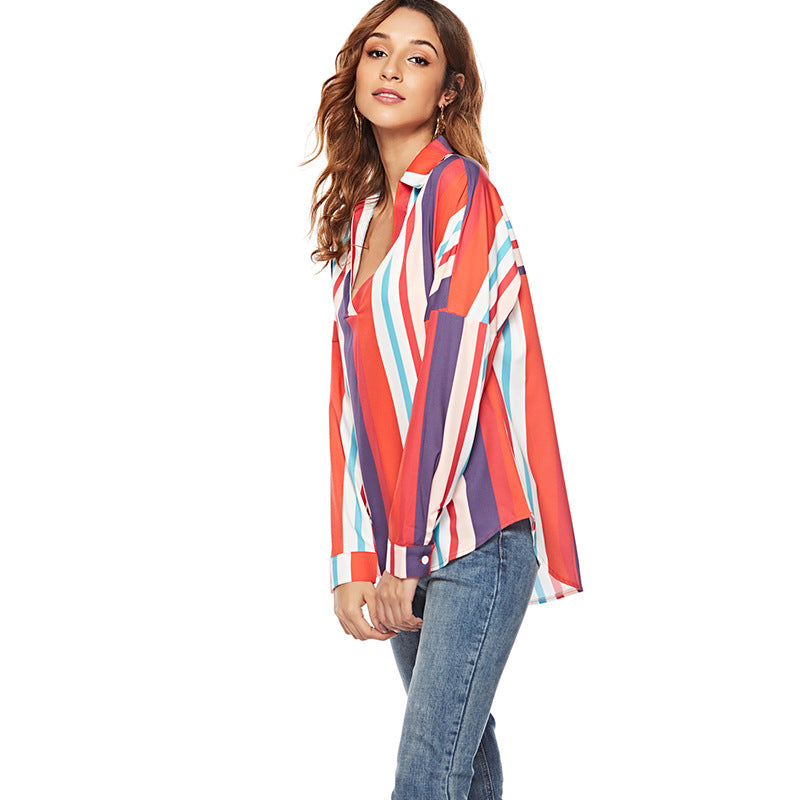 Women Clothing Color Stripes V Neck Long Sleeve Shirt All Matching Shirt