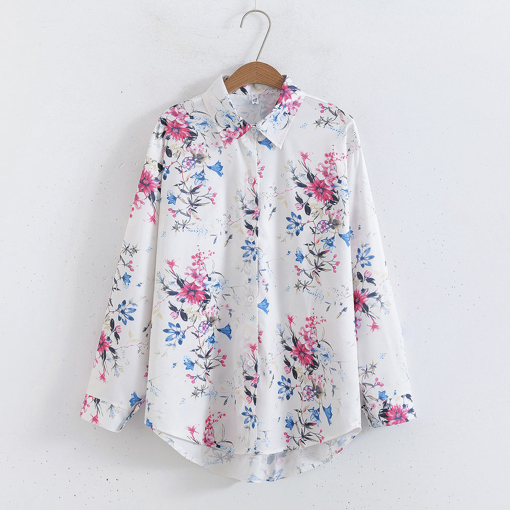 Women Loose Collared Floral Print Long Sleeves Shirt