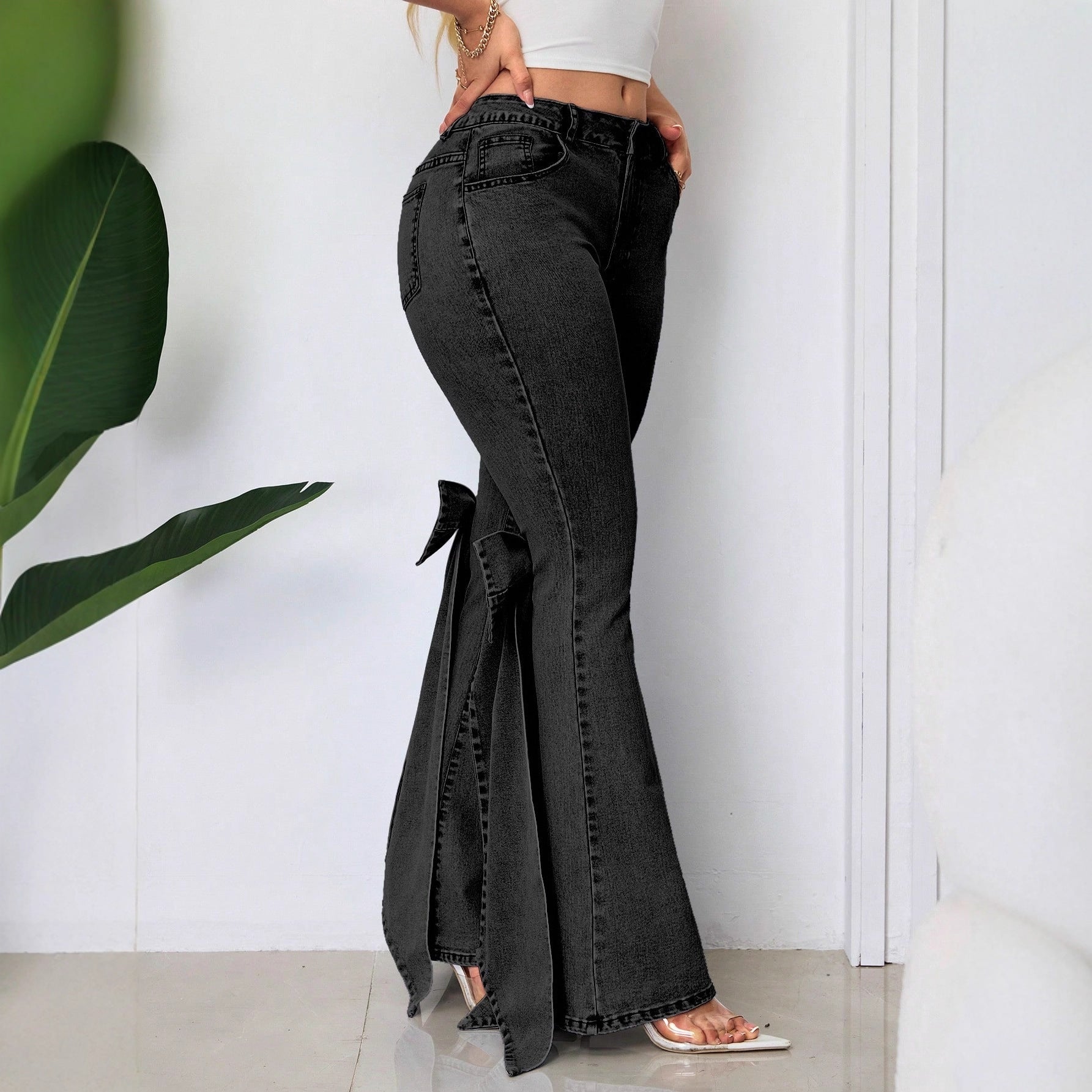 Retro Three Dimensional Bow Slim Fit Elastic Mop Denim Bell Bottom Pants