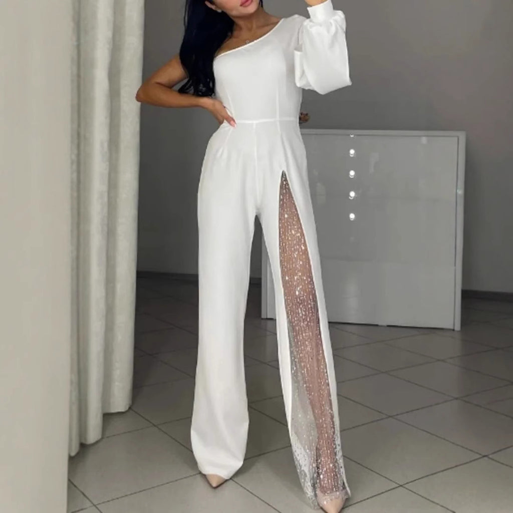 New Fall Winter Sexy Oblique Shoulder High Slit Women Jumpsuit