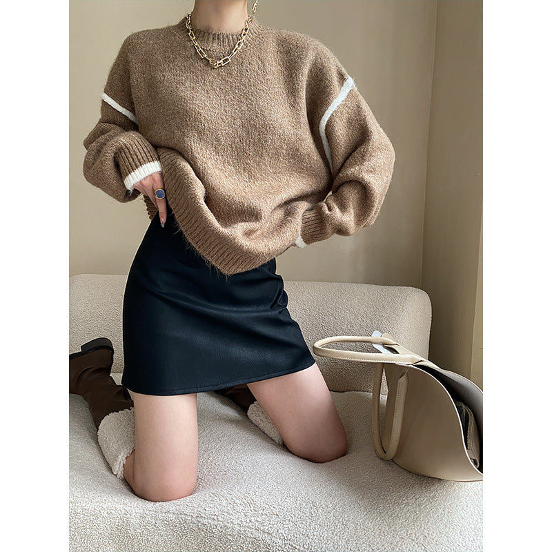 French Fashionable Simple High Waist Half Length A line Leather Skirt Short Skirt Hip Skirt Autumn Winter