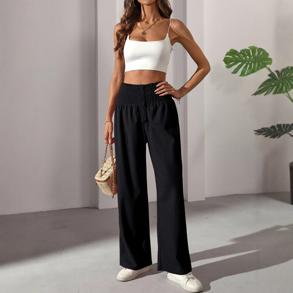 Early Autumn All Match Solid Color High Waist Wooden Ear Waist Straight Casual Elegant French Women Trousers