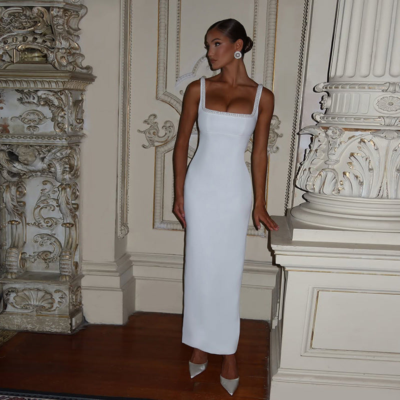 Spring Summer Women Clothing High Class Elegant Sexy Personalized Beaded Slim Fit Square Collar Sling Dress