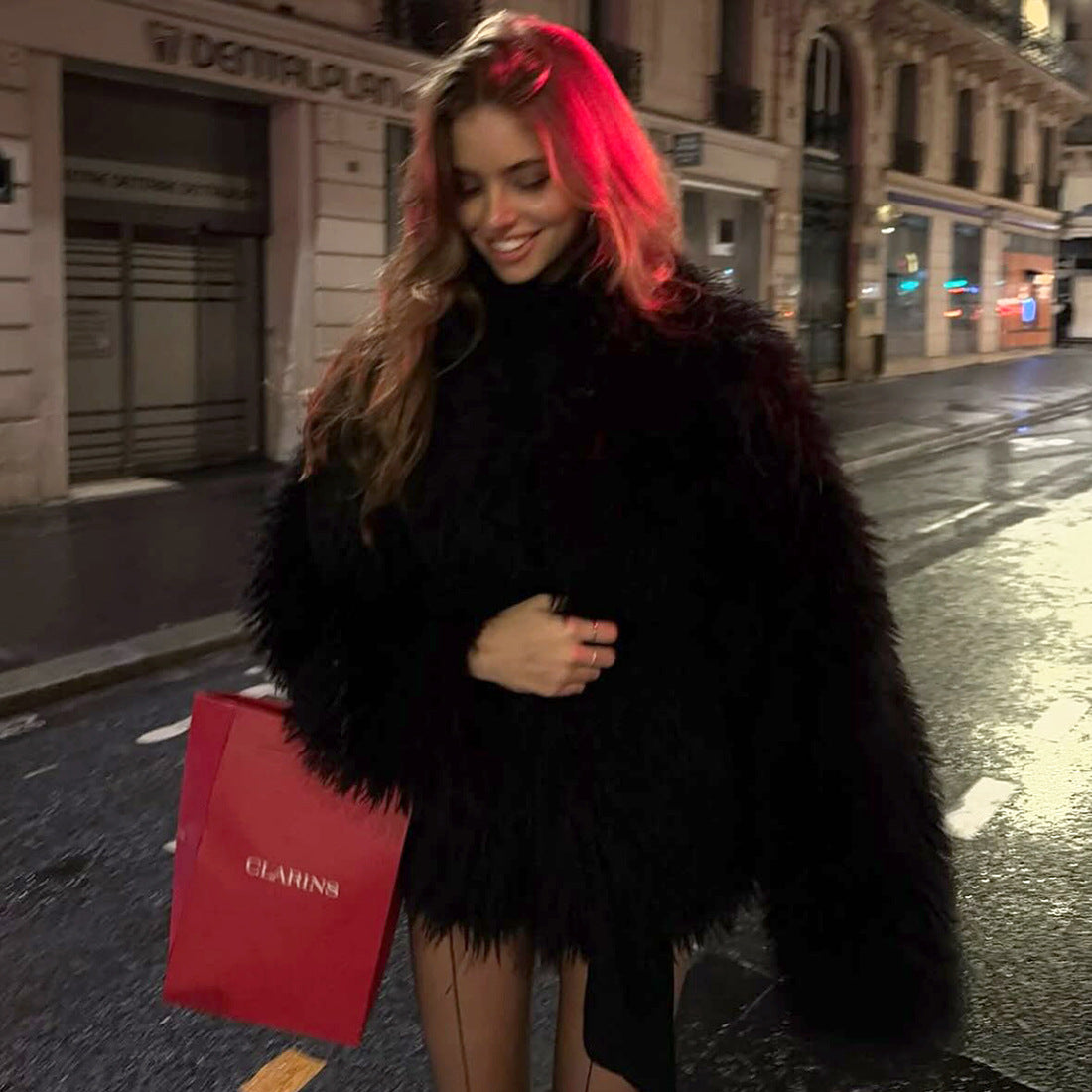 Manteau d'hiver confortable à col montant et manches longues en peluche duveteuse pour femme