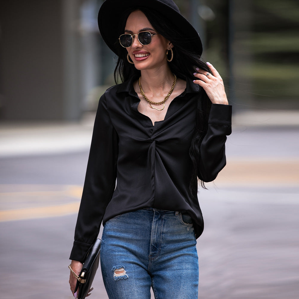 Women Clothing Popular Long Sleeve V Neck Blouse Women Shirt