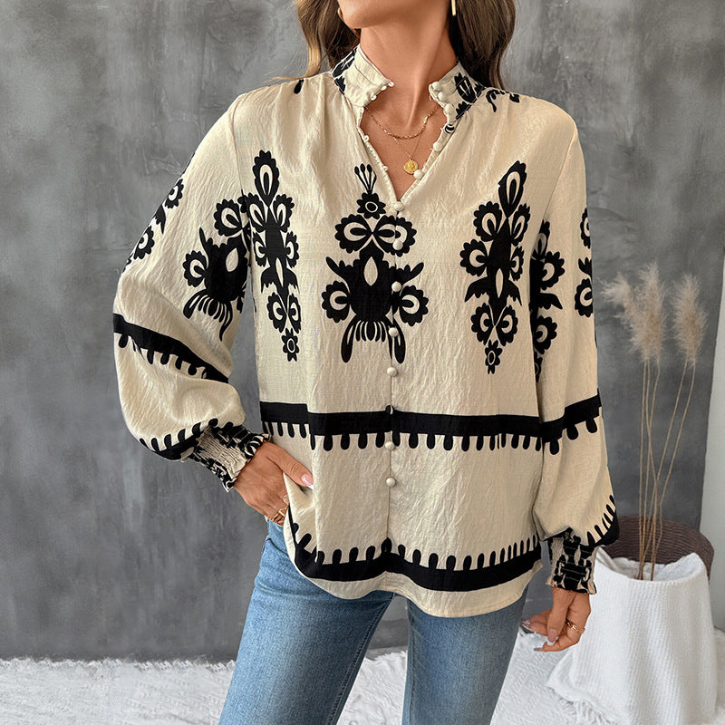 Autumn Cardigan with Buttons Stand Collar Retro Ethnic Print Long Sleeve Shirt