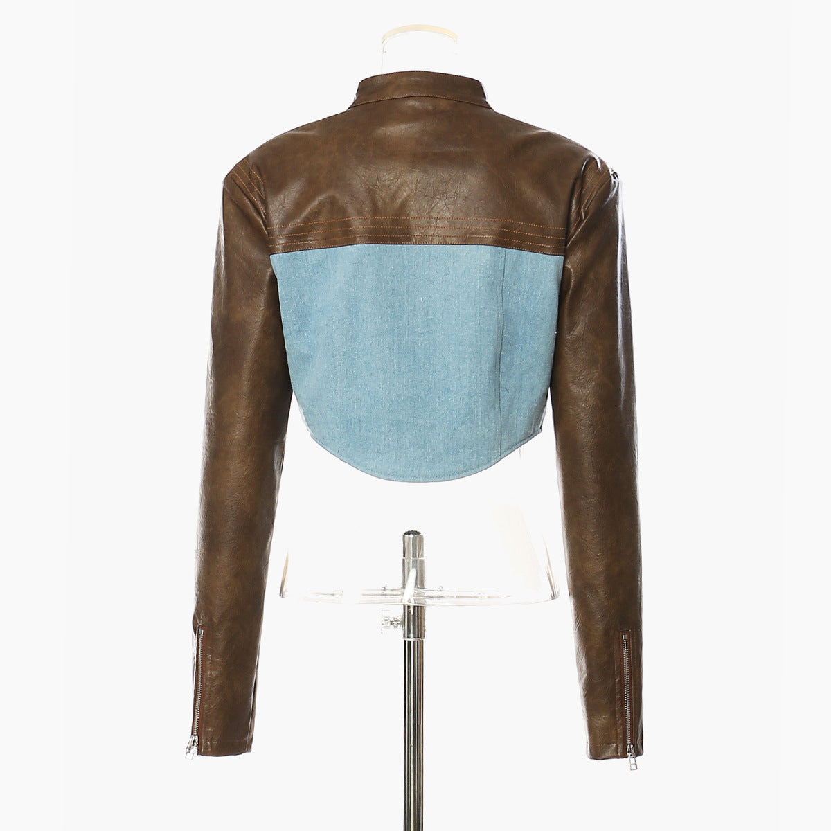 Autumn Winter Vintage Leather Color Contrast Patchwork Short Chic Coat Top Leather Jacket