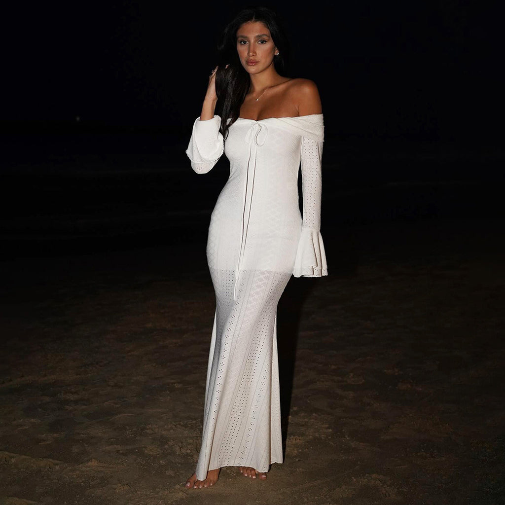 Summer Women Clothing Elegant Slim Sexy off Neck Flared Sleeves Dress