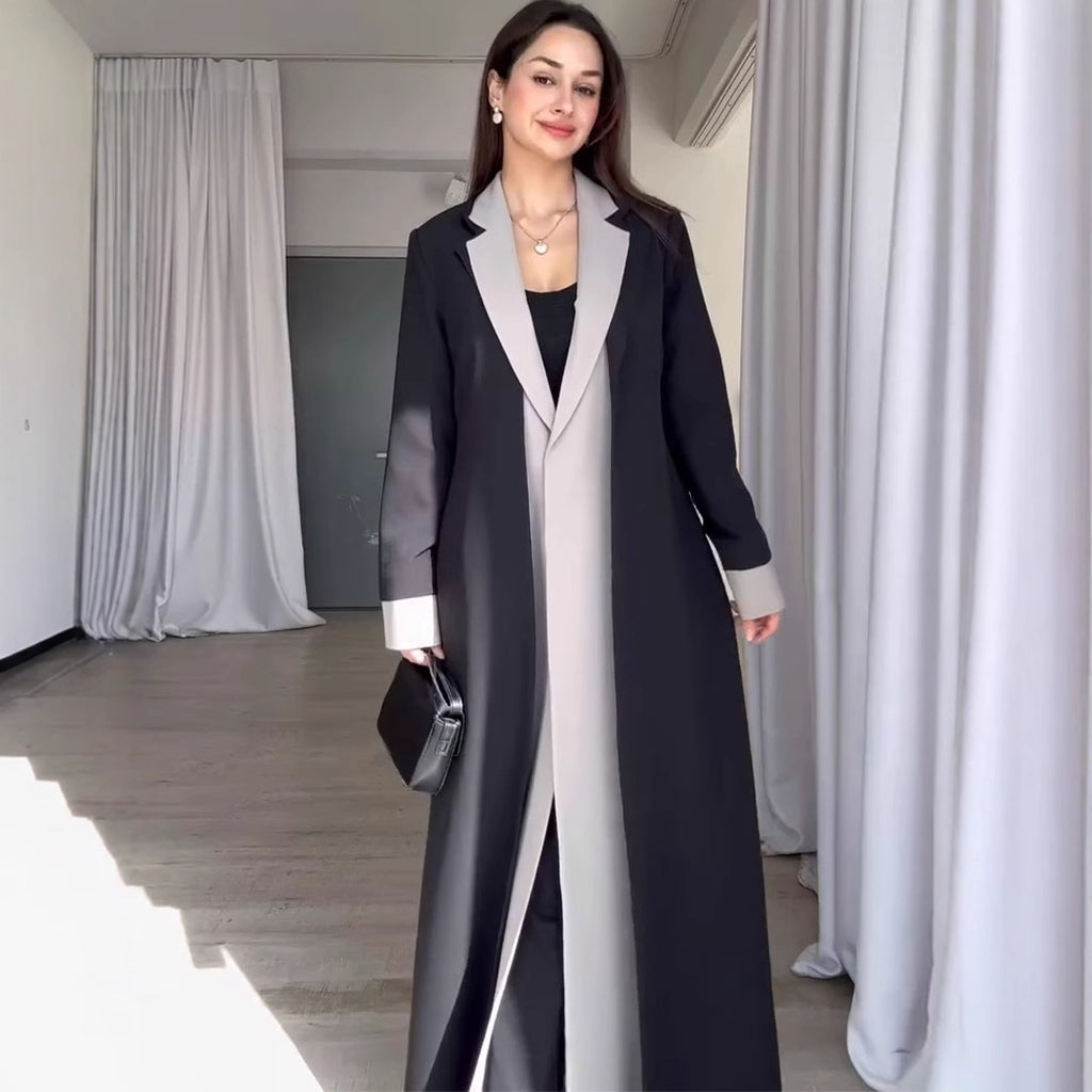 Long Collar Stitching Contrast Color Trench Coat Women Office Coat