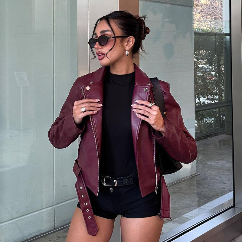 Retro Elegant Leather Zipper Coat Women Short Slimming Street Solid Color Jacket