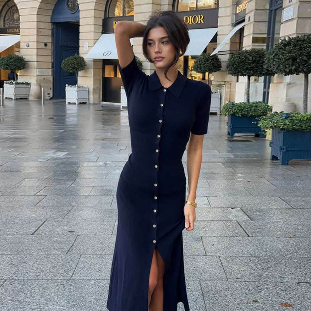 Women Basic Solid Color Knitted Breasted Polo Collar Short Sleeve Dress Elegant Dress