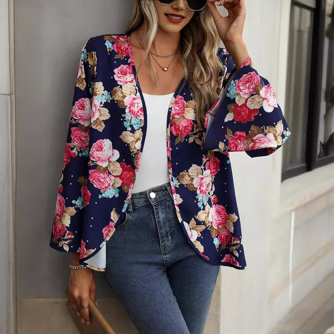 Women Clothing Best Seller Spring Autumn V neck Floral Print Bell Sleeve Women Shirt
