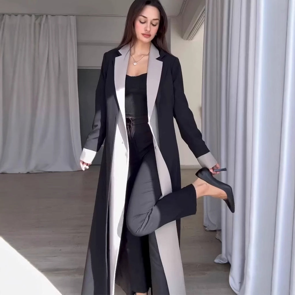 Long Collar Stitching Contrast Color Trench Coat Women Office Coat
