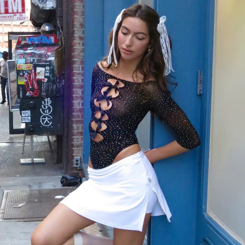 Autumn Sexy High Elastic Knitted See through Bow Hollow Out Cutout Rhinestone Jumpsuit