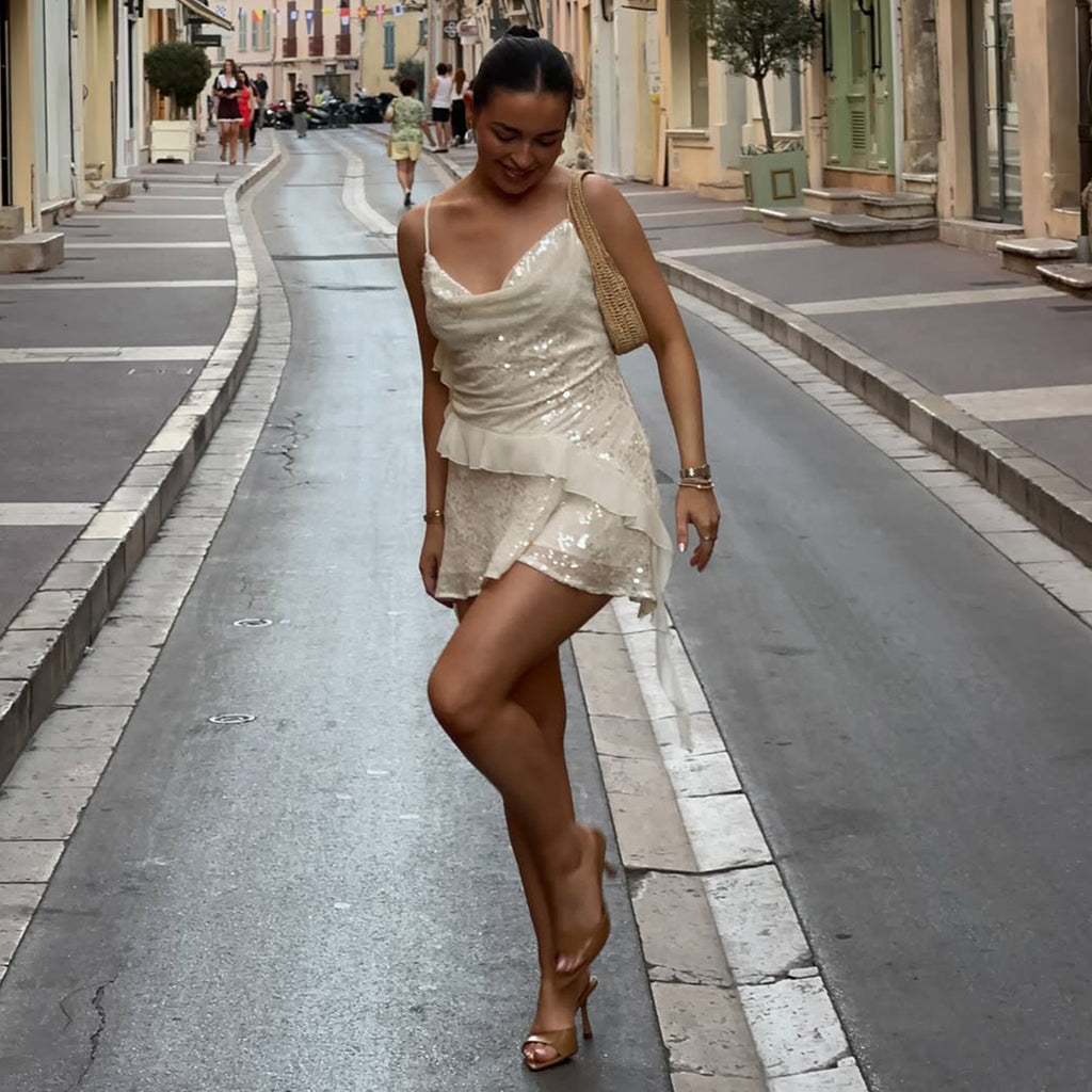 Elegant Party Sexy Special Sequ Swing Collar Irregular Asymmetric Hem Pleated Dress Short for Women