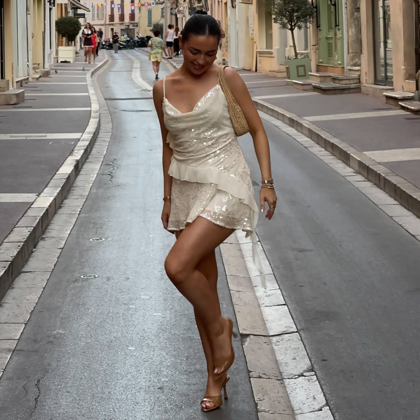 Elegant Party Sexy Special Sequ Swing Collar Irregular Asymmetric Hem Pleated Dress Short for Women