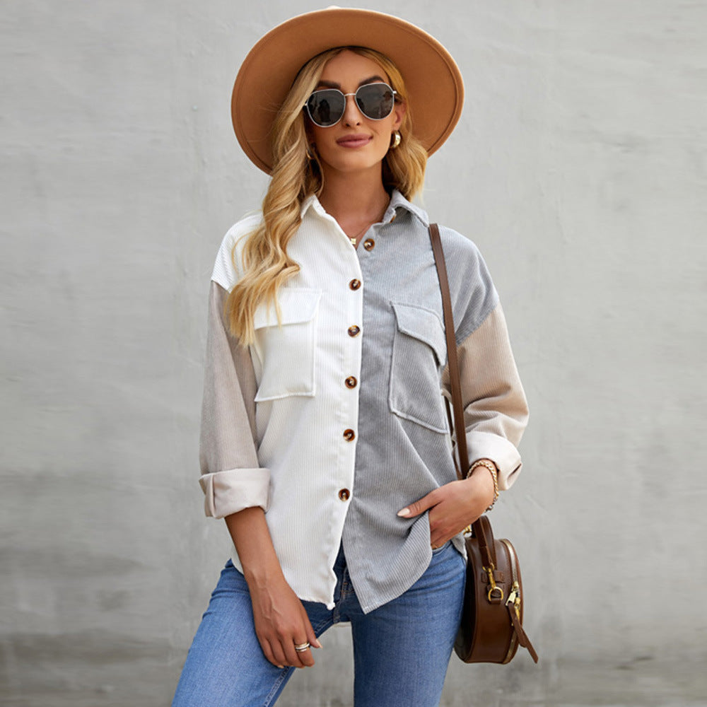 Color Block Stitching Autumn Shirt Women Loose Long Sleeve Single Breasted Shirt
