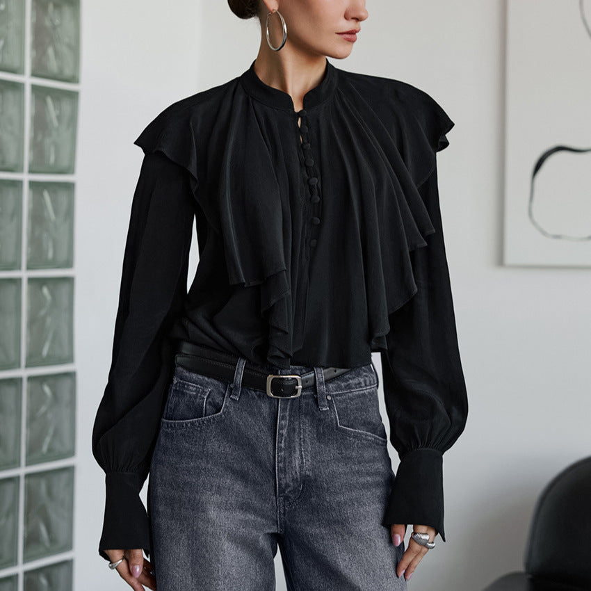 Court French Ruffled Stand Collar Single Breasted Long Sleeve Shirt Women French Lantern Sleeve Loose Solid Color Top