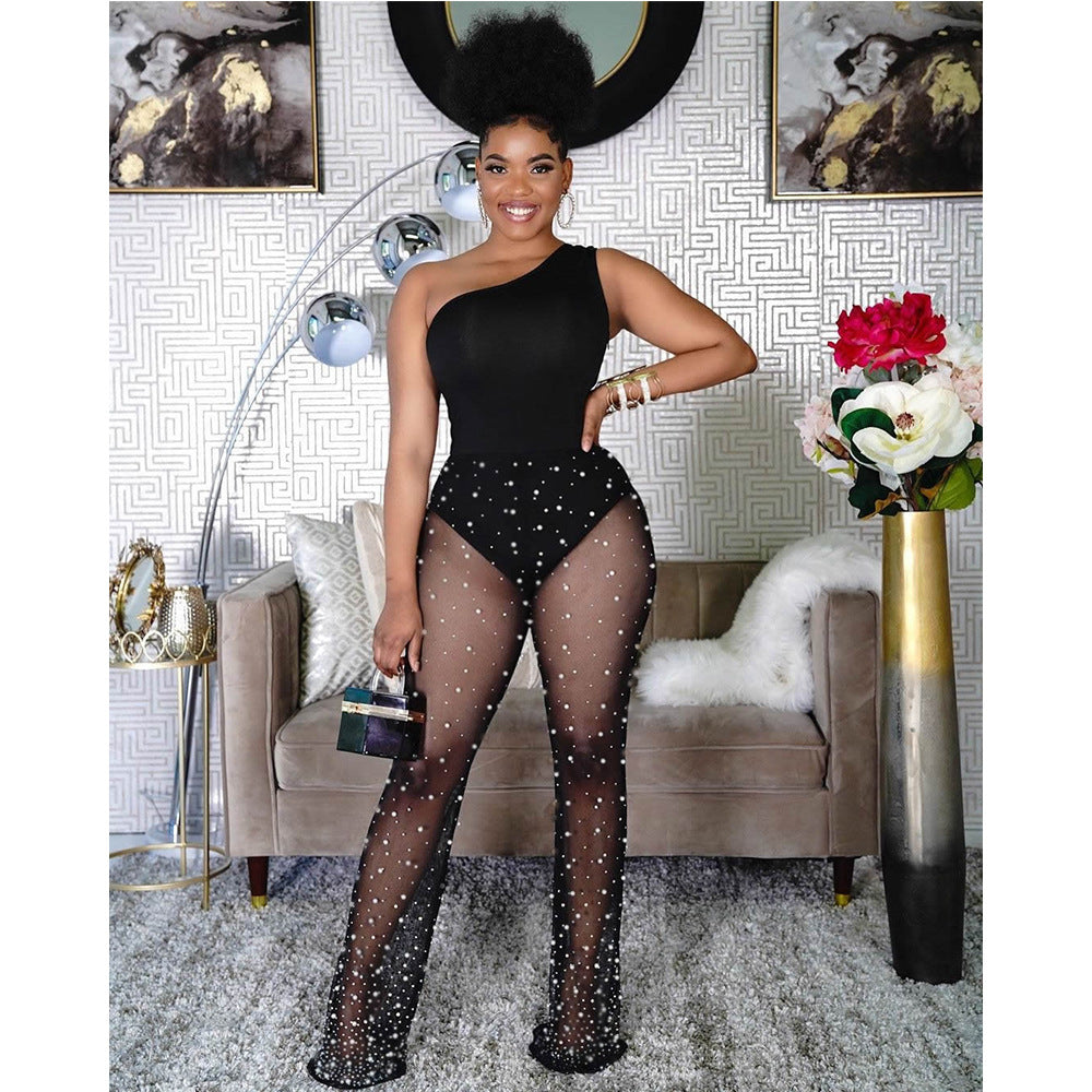 Summer Office Mesh White Dot Printed Vest Jumpsuit Sleeveless Solid Color Milk Silk Black Women Clothing