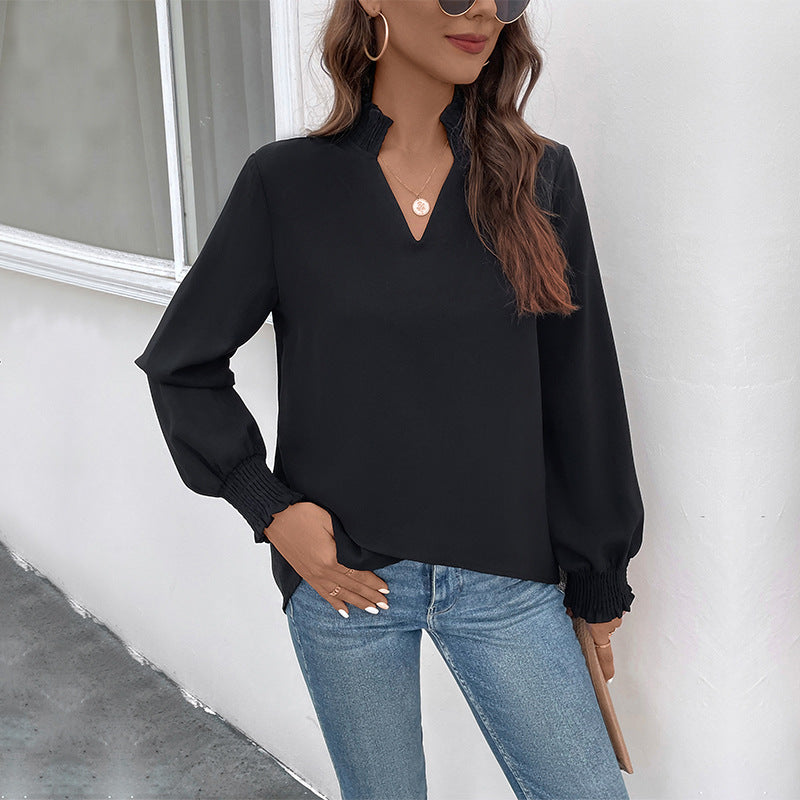 Spring Women V neck Solid Color Long Sleeve Shirt