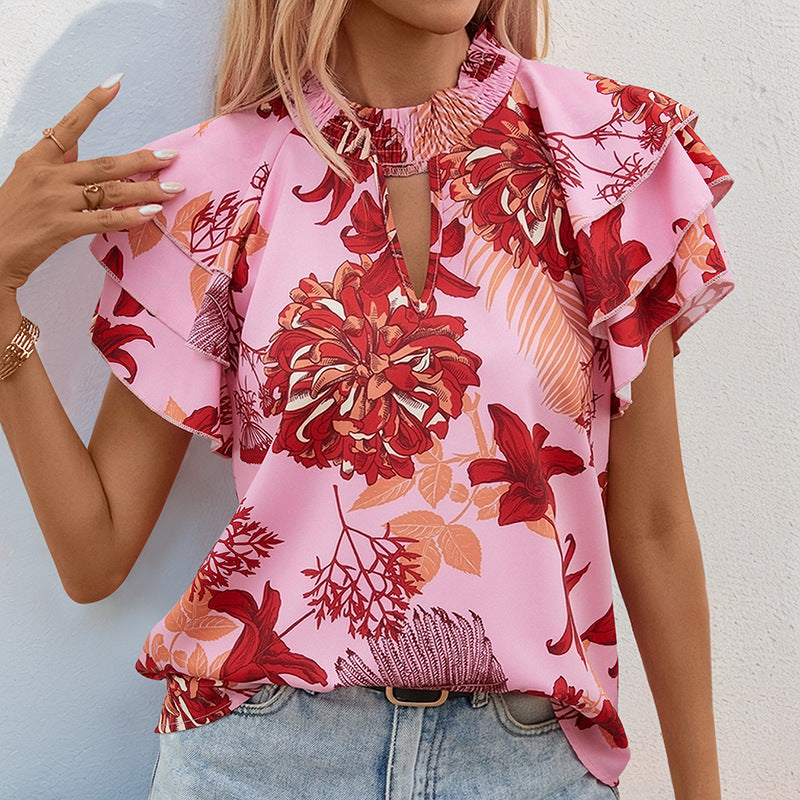 Summer Women Lotus Leaf Layered Sleeve Printing Shirt Women