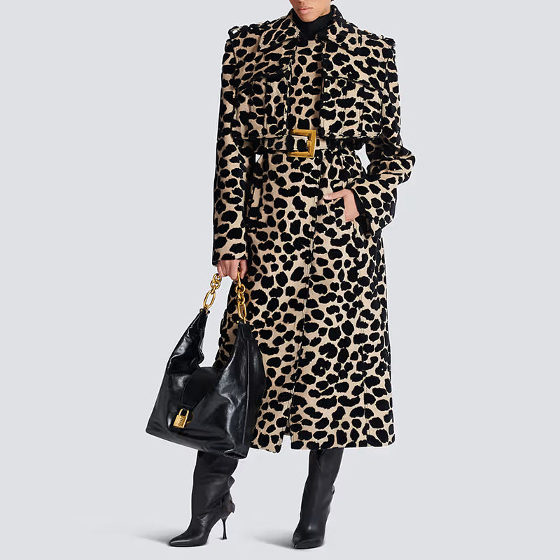 Autumn Winter Belt Leopard Jacquard Long Trench Coat