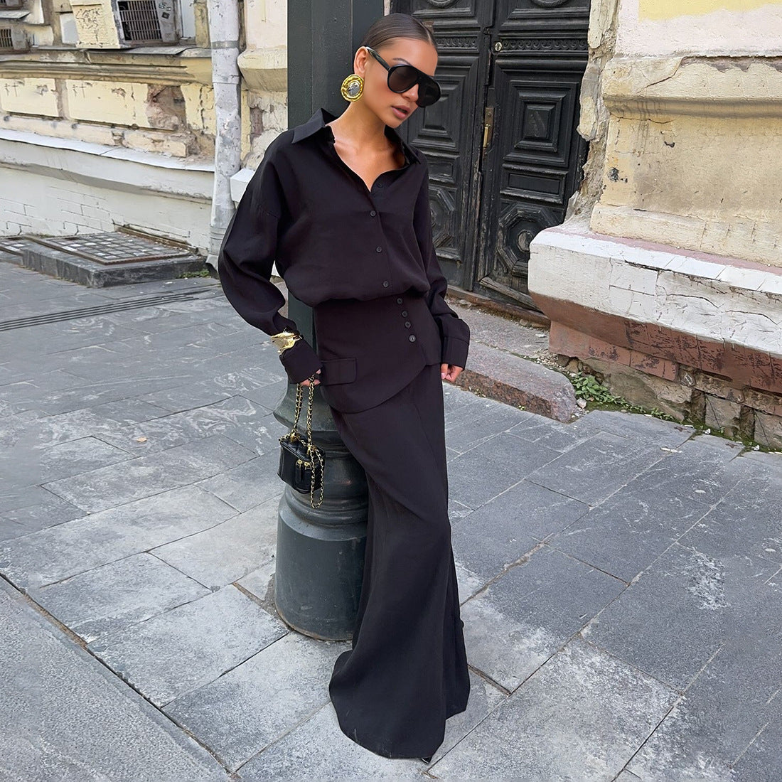 Women Clothing Fall Collared Long Sleeve Shirt Solid Color Waist Seal Skirt Three Piece Set