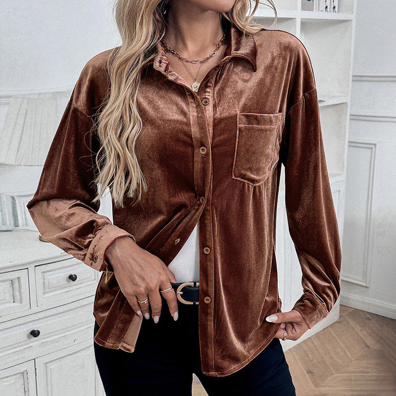 Collared Shirt Autumn Winter Long Sleeve Velvet Cardigan Top