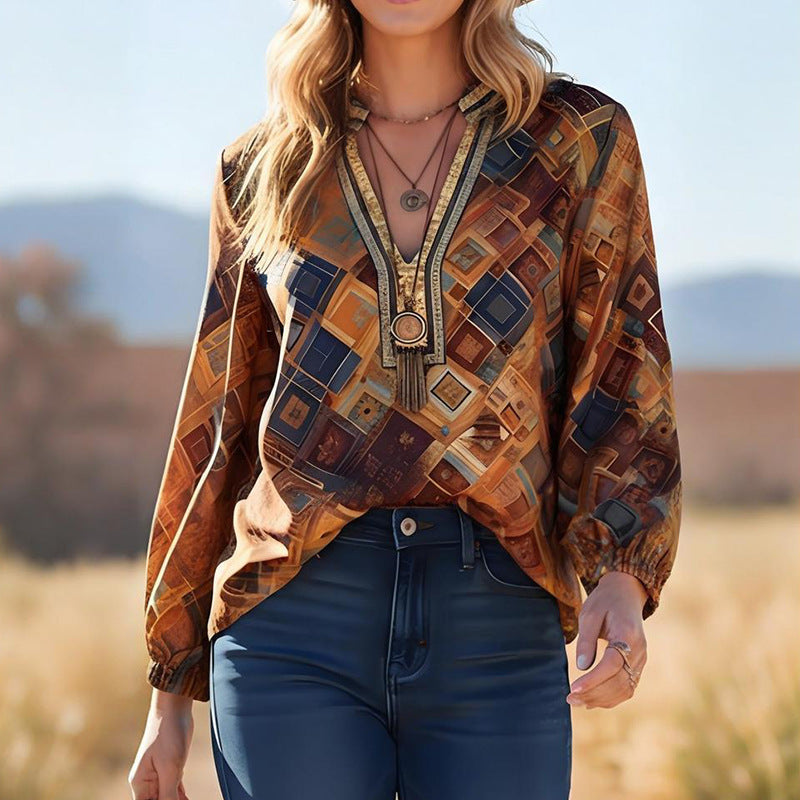 Women Printed Casual Long Sleeve Loose Shirt Top