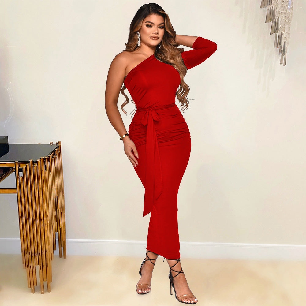 Women Clothing Sexy Tight Irregular Asymmetric Shoulder Half Sleeve Dress