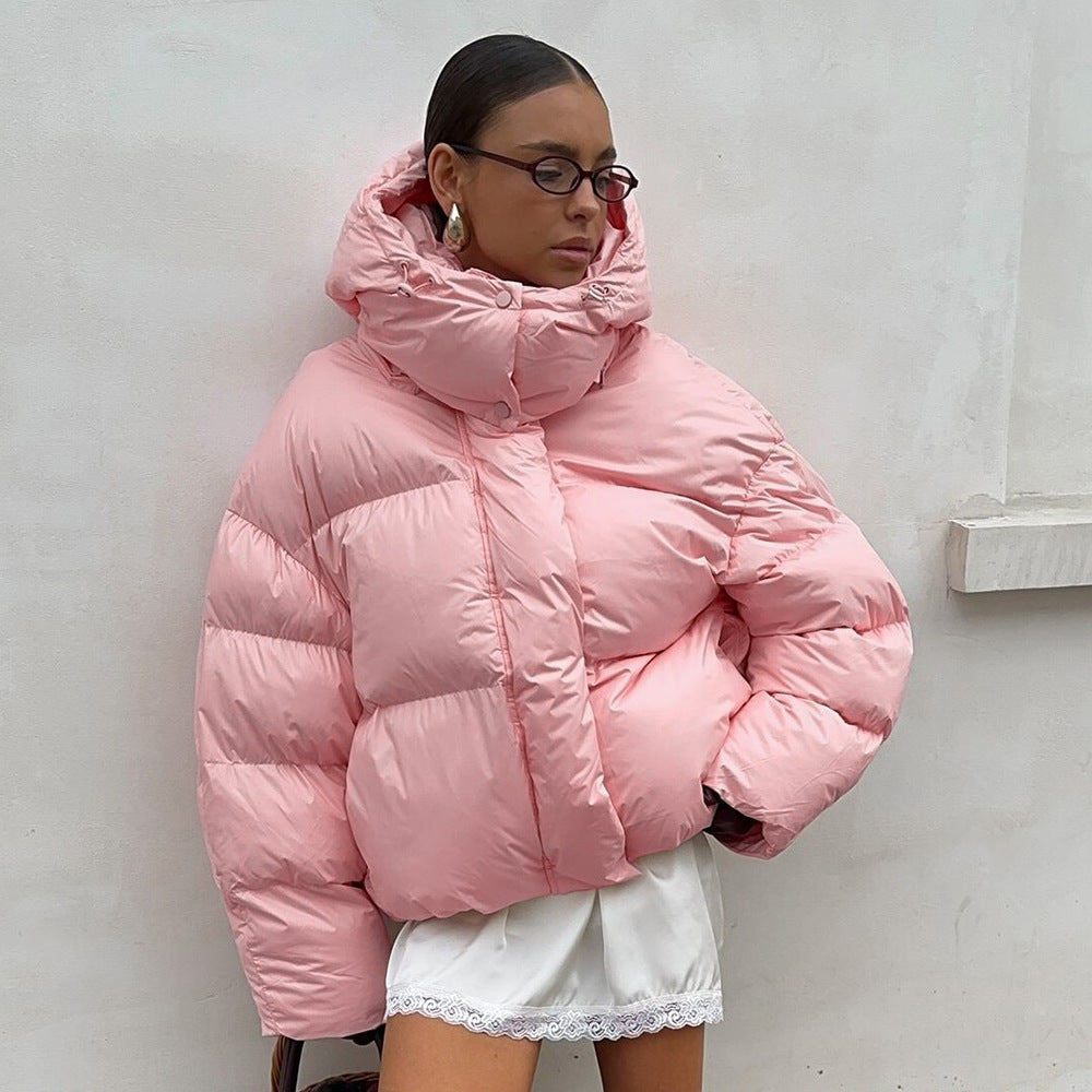 Pink Hooded Cotton Jacket Winter Thickened Puffer Jacket Coat Thermal Cotton Padded Coat