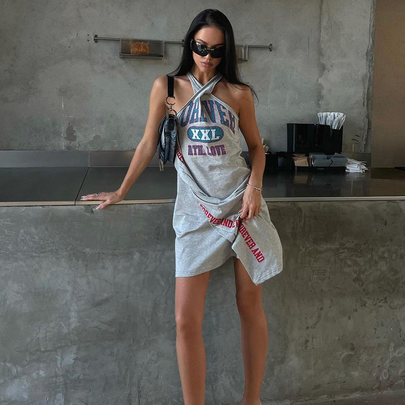 Summer Sexy Slim Fit Sleeveless Halter Irregular Asymmetric Pattern Print Hip Bag Dress