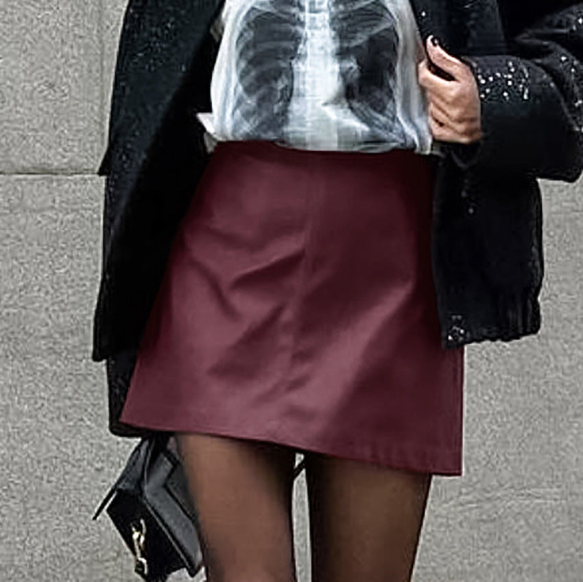 Retro Classic Wine Red Fleece lined Matte Leather Special High Waist Niche Skirt Fall Winter Skirt