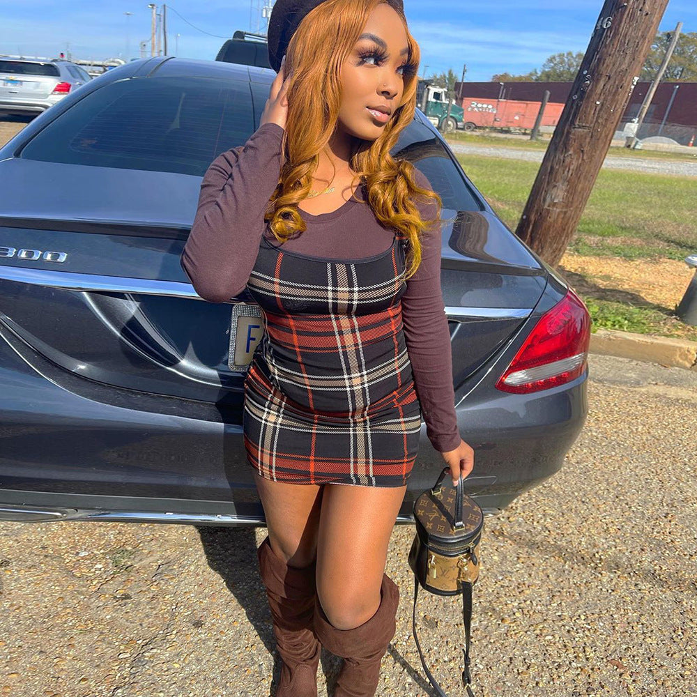 Women Clothing Sexy Tight Sleeveless Vest Plaid Dress Women