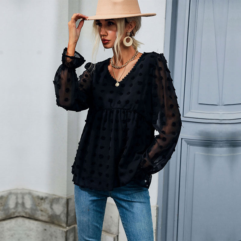 Early Autumn Tops Thin Loose Fitting V neck Long Sleeves Black Shirt