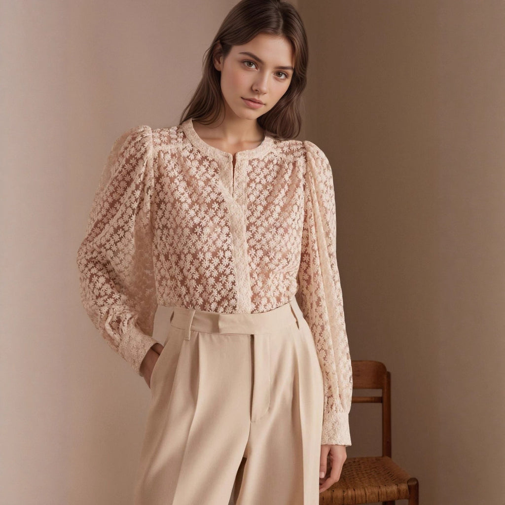 Autumn Elegant Lady Floral Hollow Out Cutout Shirt round Neck Elegant Lace Top