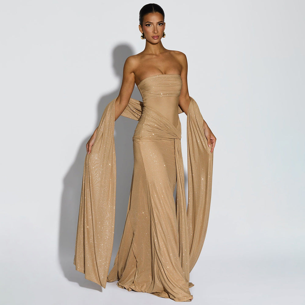 Cocktail Evening Dress Sexy Elegant Tube Top off Neck Slim Silver Dress for Women