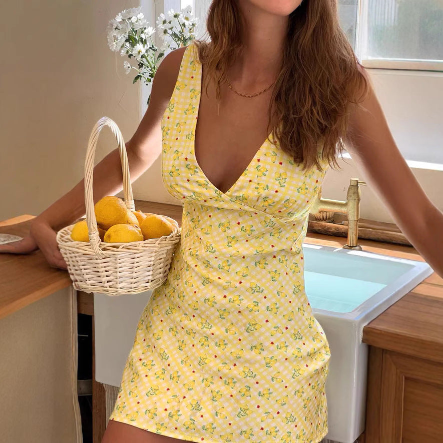 Summer Women Lemon Yellow Small Floral Print V neck Sexy Tight Waist A line Short Dress Sleeveless Dress