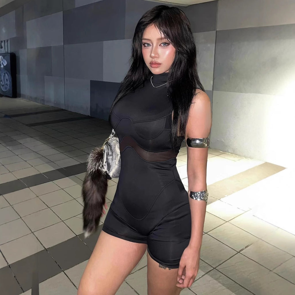 Street Mesh Stitching Hollow Out Cutout Sleeveless Romper Sexy Solid Color Tight Sports Waist Shaping Trousers