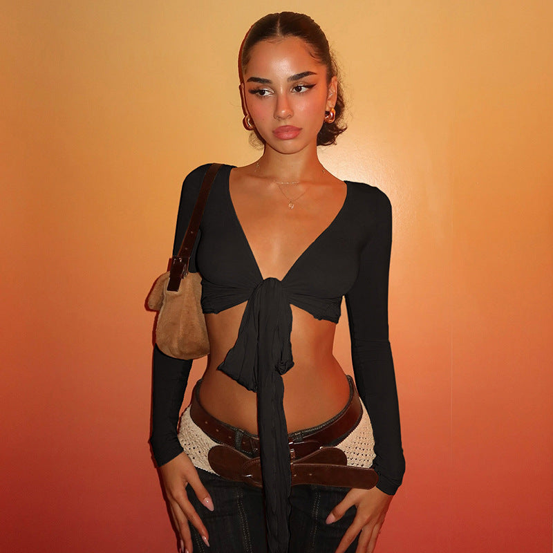 Spring Summer Women Shawl Cropped Lace up Sexy V neck Outerwear Long Sleeved Tops