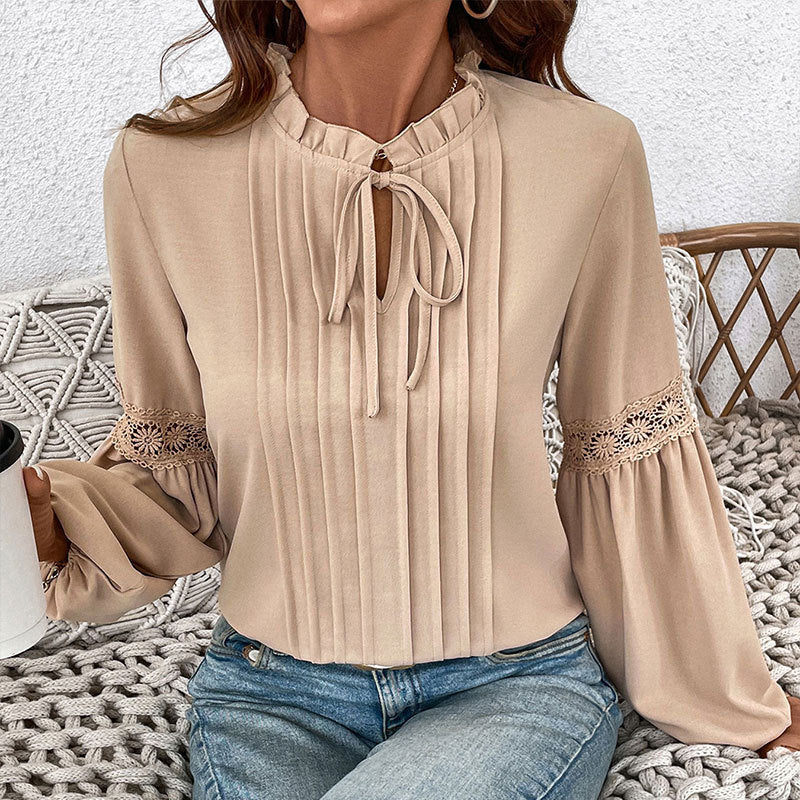 Autumn Top Tied V neck Solid Color Pleated Shirt