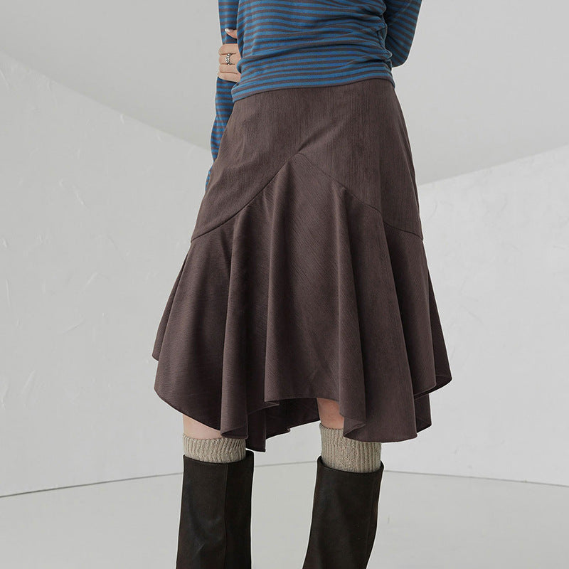 Mid Length with Irregular Asymmetric Draping Design Women Autumn Winter Retro Brown Bandage Skirt