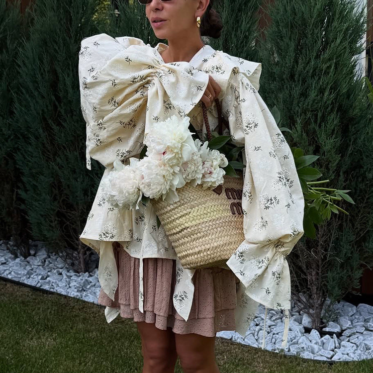 French Design Ruffled Tied Printed Shirt Women Arrival round Neck Flared Sleeves All Match Office Top