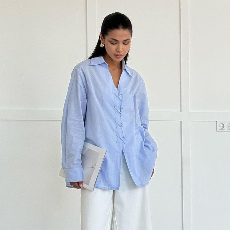 Cotton Shirt Women Spring Solid Color Collared Long Sleeve Niche Design Cross Tied Shirt